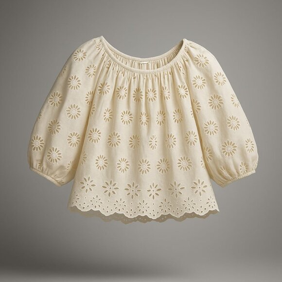 Madewell Tops - Madewell Embroidered Shirred Puff-Sleeve Top Women's Small Ivory Floral Eyelet